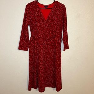 Land's End Red Cherry Print Midi Fit & Flare Dress V-neck 3/4 Sleeve Size 10-12